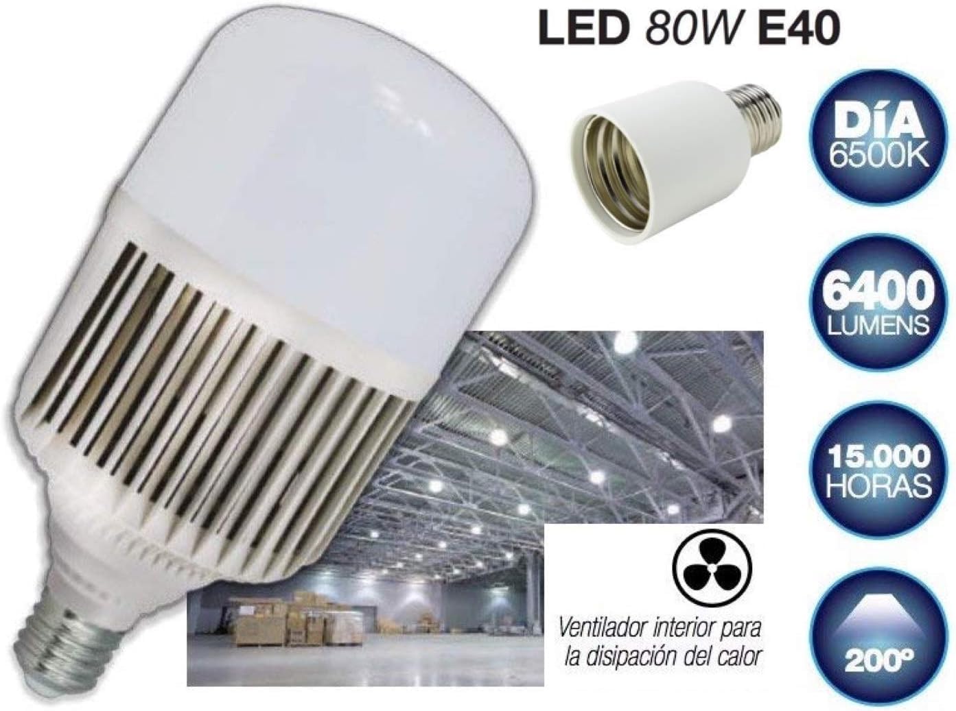 Bombilla E40 LED 80W + Adaptador a E27 - Imagen 2
