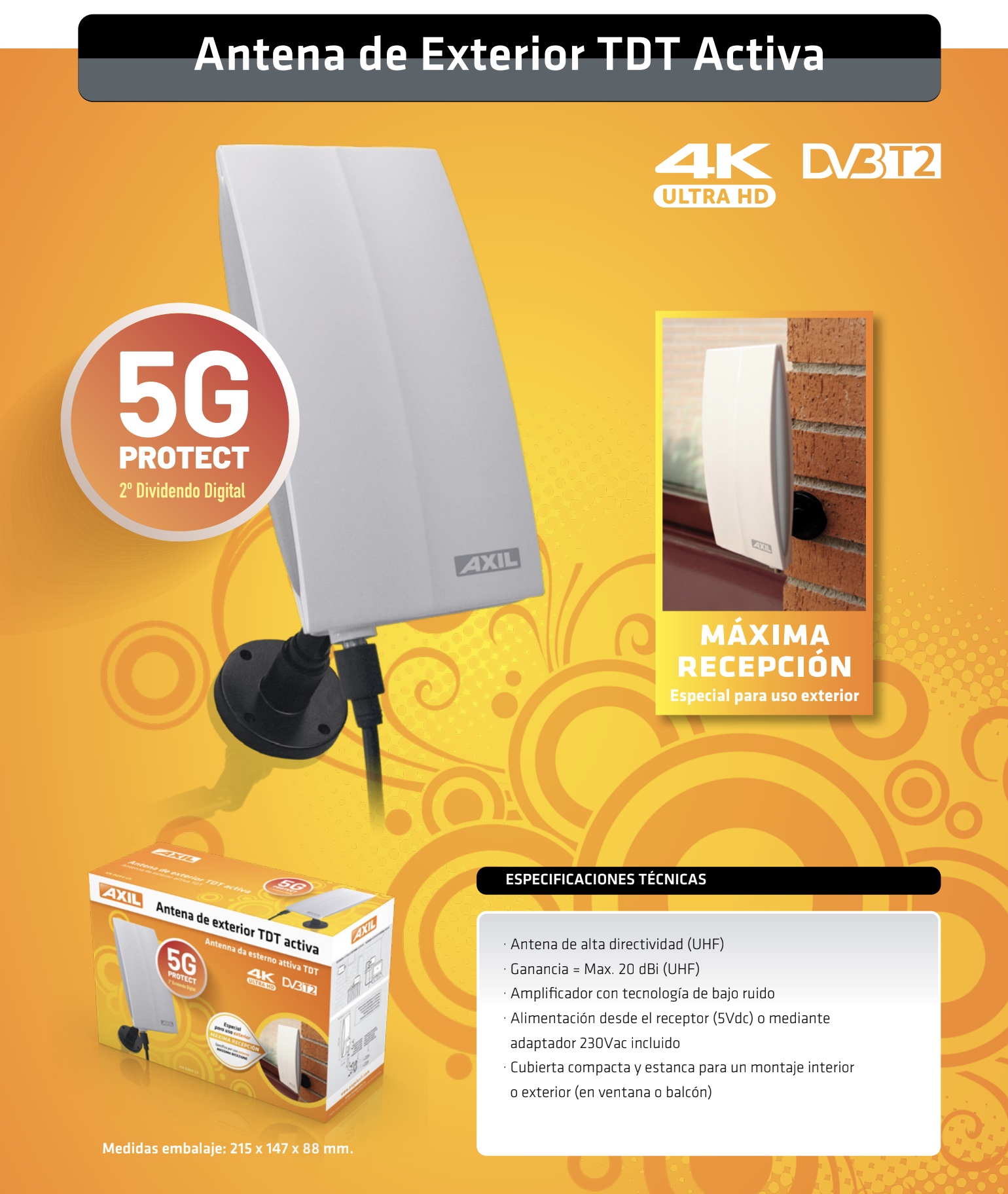 Antena Exterior/Interior UHF Amplificada, Filtro LTE 5G, Axil AN0264G5 - Imagen 2