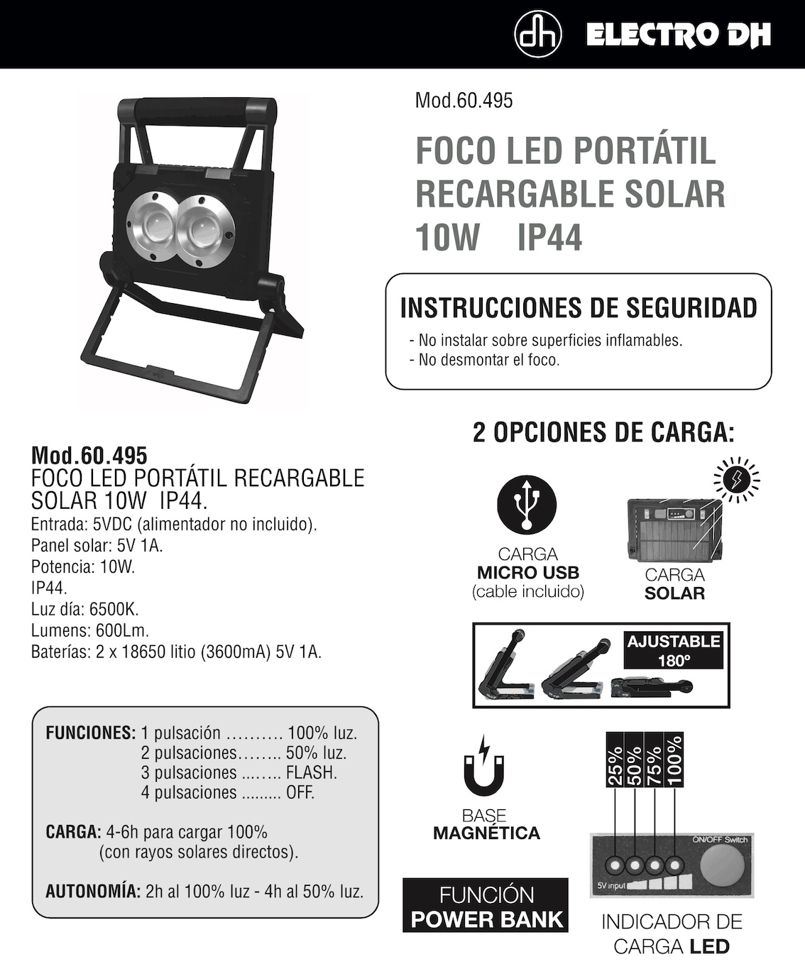 Foco LED Recargable Portátil Solar+MicroUSB - Imagen 2