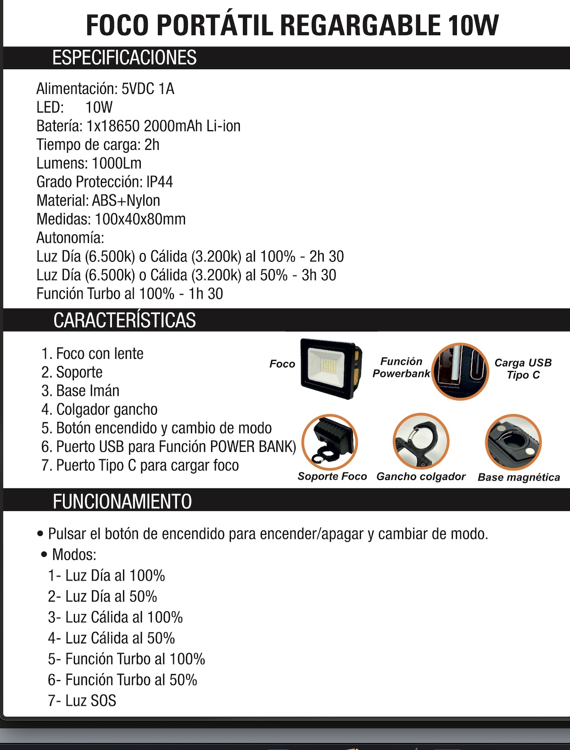 Foco LED "MINI" portátil recargable 10W 1000lm - Imagen 2