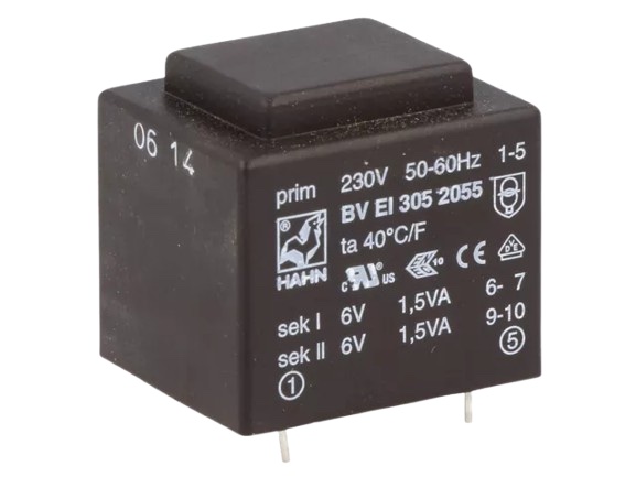 Transformador Pcb 0-6V, 0-6V, 2x250mA 3VA, BVEI3052055