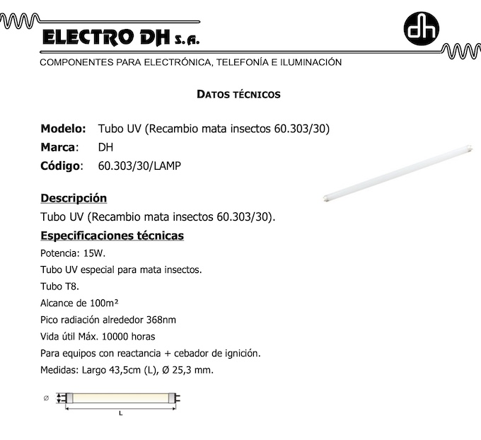 Tubo Fluorescente 15W Luz UV Mata Insectos 435xØ25,3mm - Imagen 4