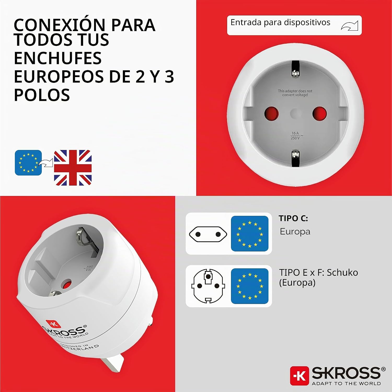 Adaptador de Enchufe UK Macho a Europa Hembra SKROSS 1.500230C-E - Imagen 3