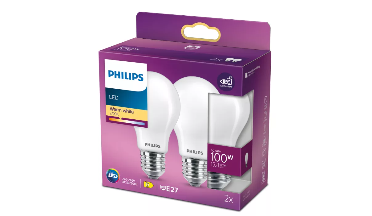 Bombilla LED E27 PHILIPS 10,5W 2700K Cálida 360º Pack 2uds