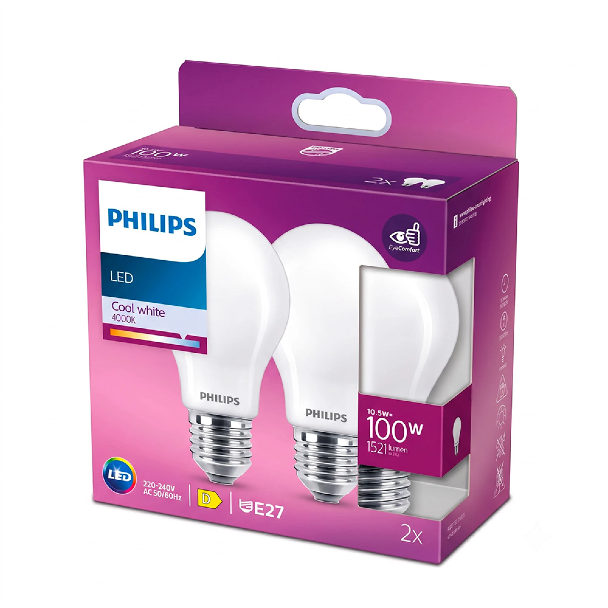 Bombilla LED E27 PHILIPS 10,5W 4000K Blanco Natural Pack 2uds