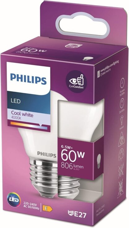Bombilla Esférica E27 Led PHILIPS 840 6,5W 806lm 360º E