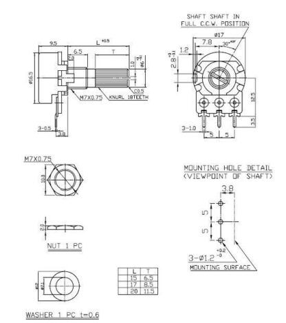 Potenciometro B10K Lineal, pcb, Cuerpo Ø16mm, Eje 17mm, Alpha Taiwan - Imagen 3