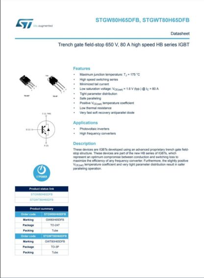 TRANSISTOR IGBT GW80H65DFB STGW80H65DFB, TO-247 - Imagen 3