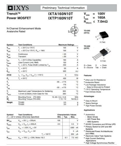 TRANSISTOR MOSFET-N, IXYS IXTP160N10T, 100V/160A/430W, TO-220 - Imagen 3