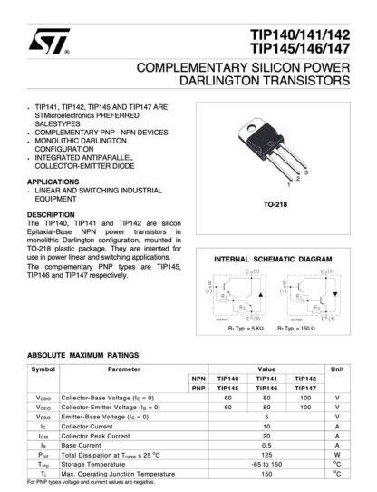 Transistor Darlington+Di, TIP147, TO-218 STMicroelectronics - Imagen 4