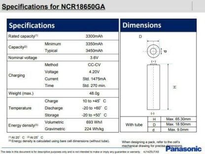 Batería NCR18650GA Panasonic Sanyo 3,6V/3500mAh, 10A Descarga Max.Positivo Plano - Imagen 4