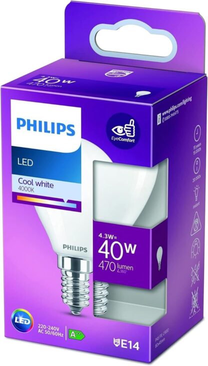 Bombilla Philips E14 LED 840, 4000K 4,3W 470Lm 360º A++