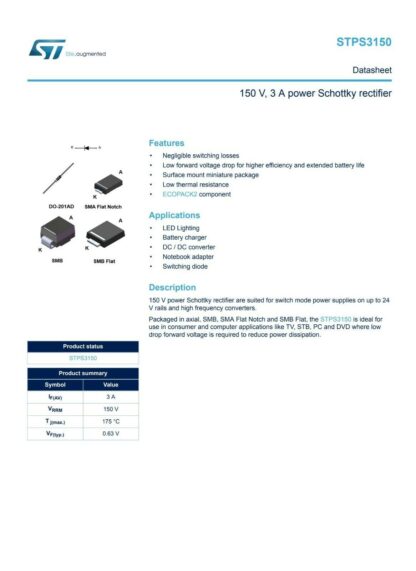 Diodo Schottky 150V/3A, STPS3150 STPS3150RL STMicroelectronics (5 Unidades) - Imagen 3