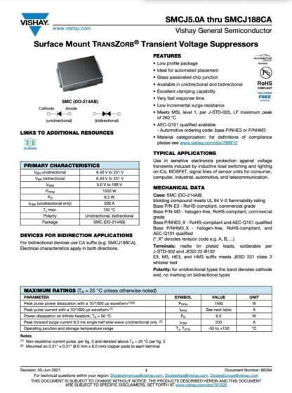 Diodo TVS Bi-direccional SMCJ48CA, 48V/1,5kW, DO-214AB/SMC (2 Unidades) - Imagen 4
