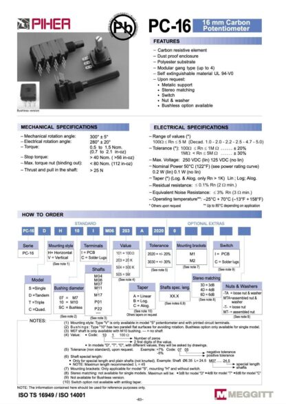 Potenciómetro 1K Lineal PC16 PIHER Eje Ø6mm 200mW - Imagen 3