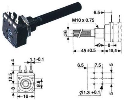 Potenciómetro 1K Lineal PC16 PIHER Eje Ø6mm 200mW - Imagen 4