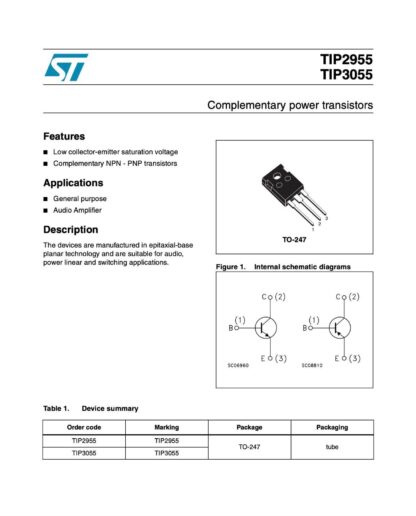 Transistor TIP3055, TO-247, NPN, 60V/15A/90W (5 Unidades) - Imagen 3