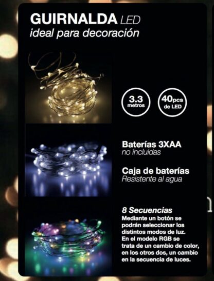 Guirnalda navidad 40 LEDs para exteriores a pilas y resistente al agua