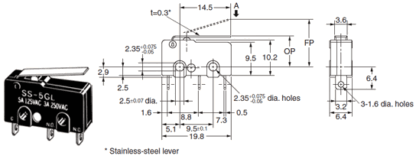Microconmutador SS-5GL; SPDT; ON-(ON), 1,47N, 20x10x6,4mm - Imagen 3