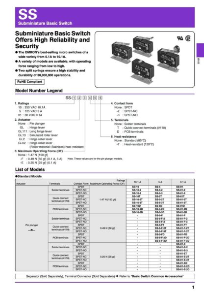Microconmutador SS-5GL; SPDT; ON-(ON), 1,47N, 20x10x6,4mm - Imagen 4