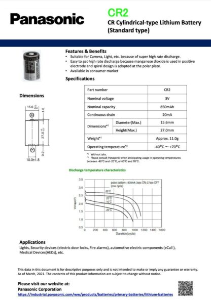 Pila CR2 Panasonic Industrial 3V 850mAh - Imagen 3