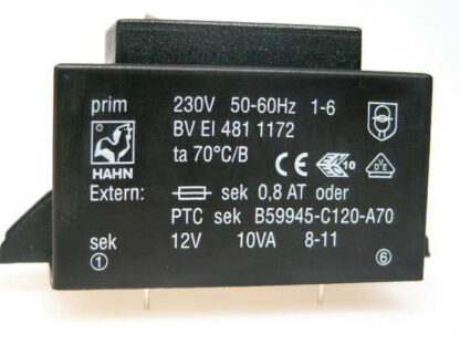 Transformador PCB 12V 10VA 833mA, 51/68x42x35mm Ta70ºC/B