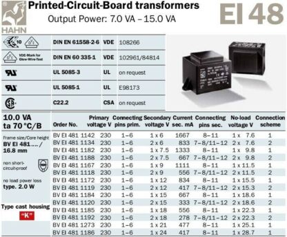 Transformador PCB 12V 10VA 833mA, 51/68x42x35mm Ta70ºC/B - Imagen 6