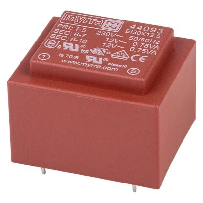 Transformador PCB 230V, 0-12V + 0-12V, 1,5VA, 2 x 63mA MYRRA 44093