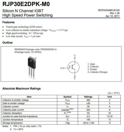 Transistor IGBT RJP30E2 TO-3P RJP30E2DPK RENESAS - Imagen 3