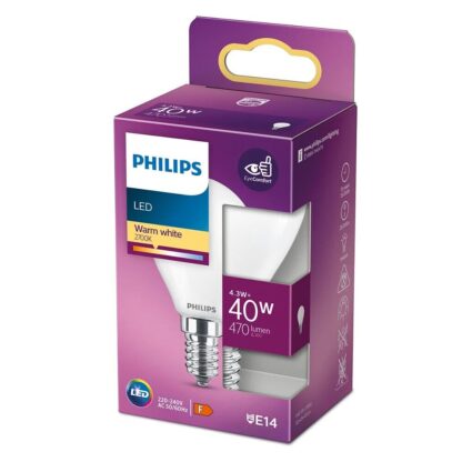 Bombilla Philips E14 LED Cálida 827, 2700K 4,3W 470Lm 360º A++