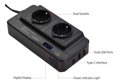 Convertidor DC-AC 12V-220V 200W + 2xUSB + Type C, Switch - Imagen 3