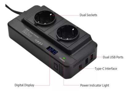 Convertidor DC-AC 12V-220V 200W + 2xUSB + Type C, Switch - Imagen 6