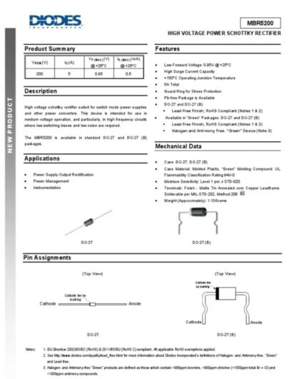 Diodo MBR5200VP MBR5200VPTR-E1, Schottky 200V/5A, DO-27 (5 Unidades) - Imagen 4