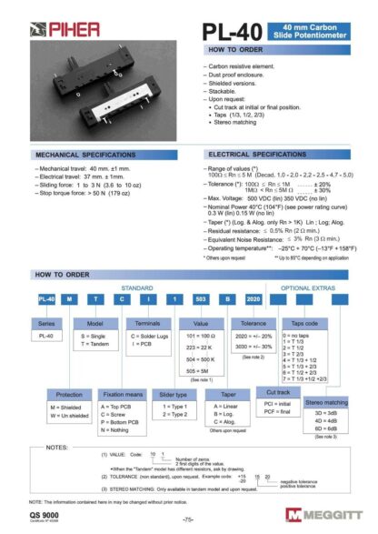 Potenciometro Deslizante 220K PCB PIHER PL40, 69x16x9mm - Imagen 3