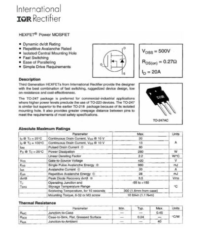 TRANSISTOR N-FET TO-247 IRFP460 IRFP460PBF, I&R (2 Unidades) - Imagen 4