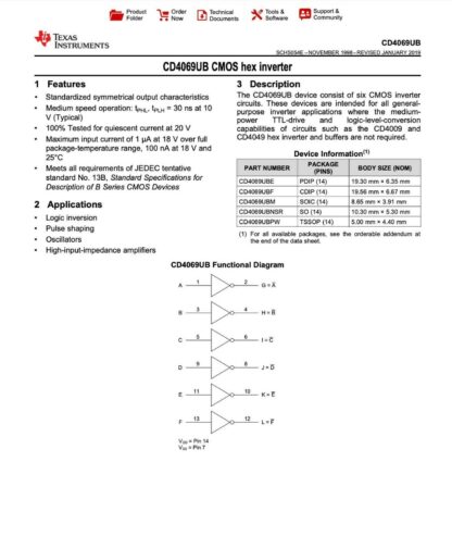 CD4069UBE PDIP-14, Six CMOS Inverter Circuits (10 Unidades) - Imagen 3