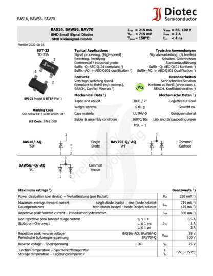 Diodo BAS16 85V/0,215A SOT-23 DIOTEC - Imagen 3