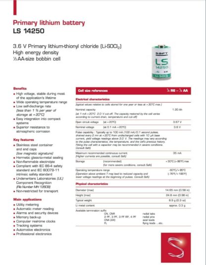 Pila Litio Cilindrica 3,6V 1200mAh SAFT LS14250, Ø14,50 x 25mm - Imagen 6