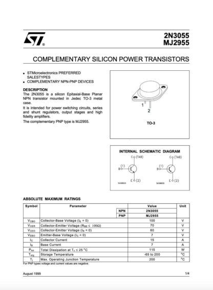 TRANSISTOR 2N3055 STMicroelectronics 100V/15A/115W TO-3 NPN - Imagen 3