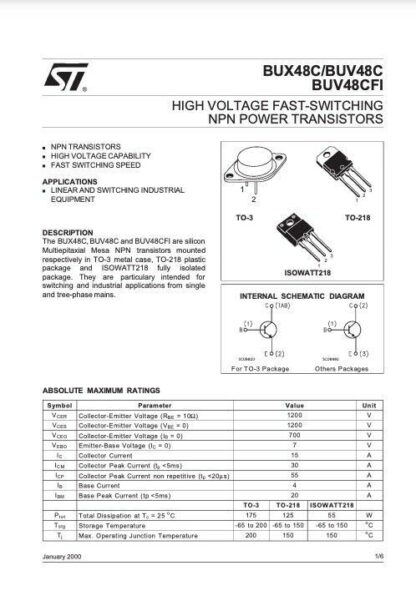 TRANSISTOR BUV48C TO-218, NPN, 1200V/15A/125W - Imagen 4