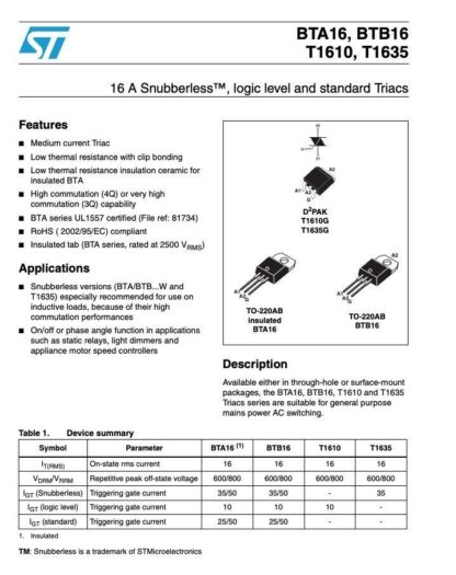TRIAC 16A/600V Igt 50mA Standard TO-220, BTA16/600B - Imagen 4