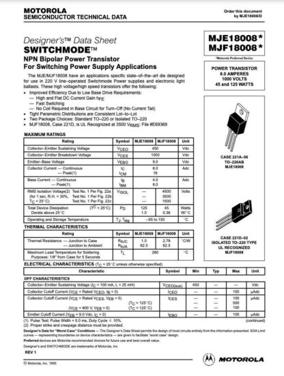 Transistor MJF18008, NPN, TO-220F, MOTOROLA - Imagen 3
