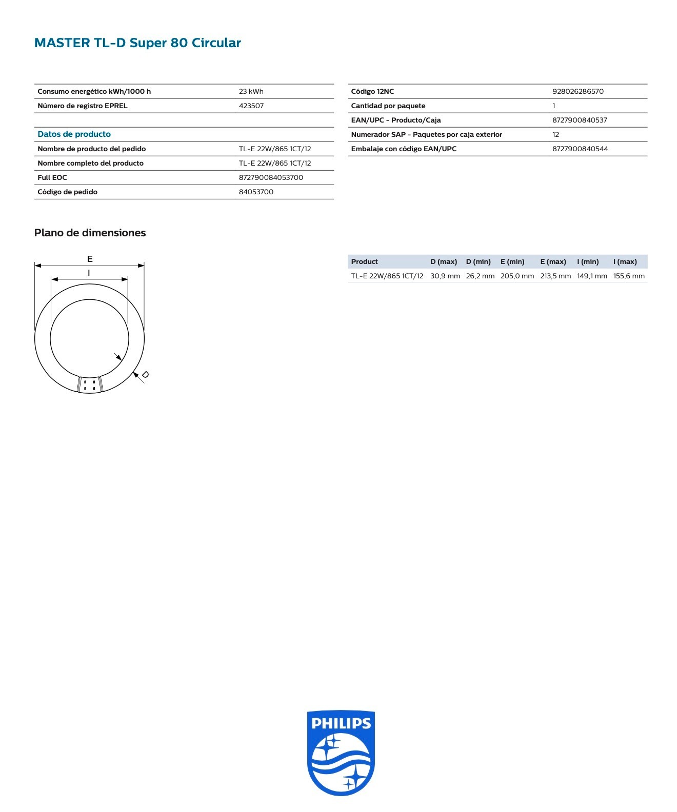 Tubo Fluorescente T9, TL-E 22W/865 G10q 6500K Philips - Imagen 5
