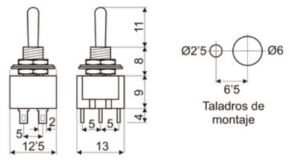 Conmutador Palanca 13x12,5mm, 3A/250V, ON-ON DPDT, DH - Imagen 3