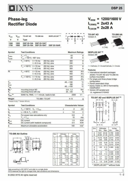 Diodo Doble DSP25-16A IXYS 28A 1600V, TO-247AD - Imagen 5