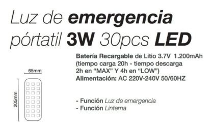 Luz de Emergencia Portátil/Linterna Recargable, 230V, 3W, 160lm - Imagen 3