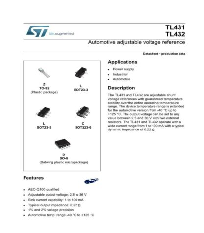TL431AI, TL431AIZ, TO-92, ±1%, -40 a 105°C (10 Unidades) - Imagen 3