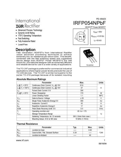 TRANSISTOR MOSFET HEXFET IRFP054N IRFP054NPBF INFINEON - Imagen 4