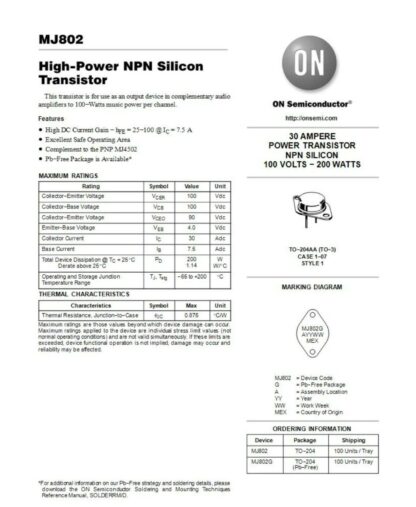 Transistor MJ802, NPN, TO-3, 100V/30A/200W, ON Semiconductor® - Imagen 3
