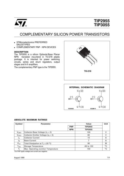 Transistor TIP3055, TO-218, NPN, 60V/15A/90W - Imagen 3